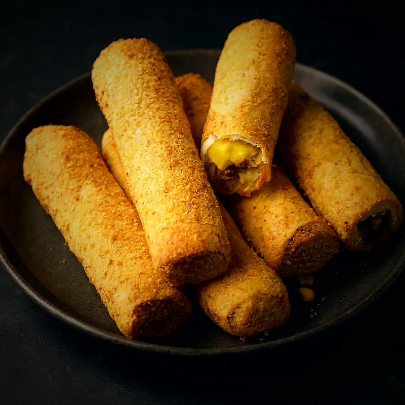 Golden crumbed mutton rolls on a dark plate, one cut open