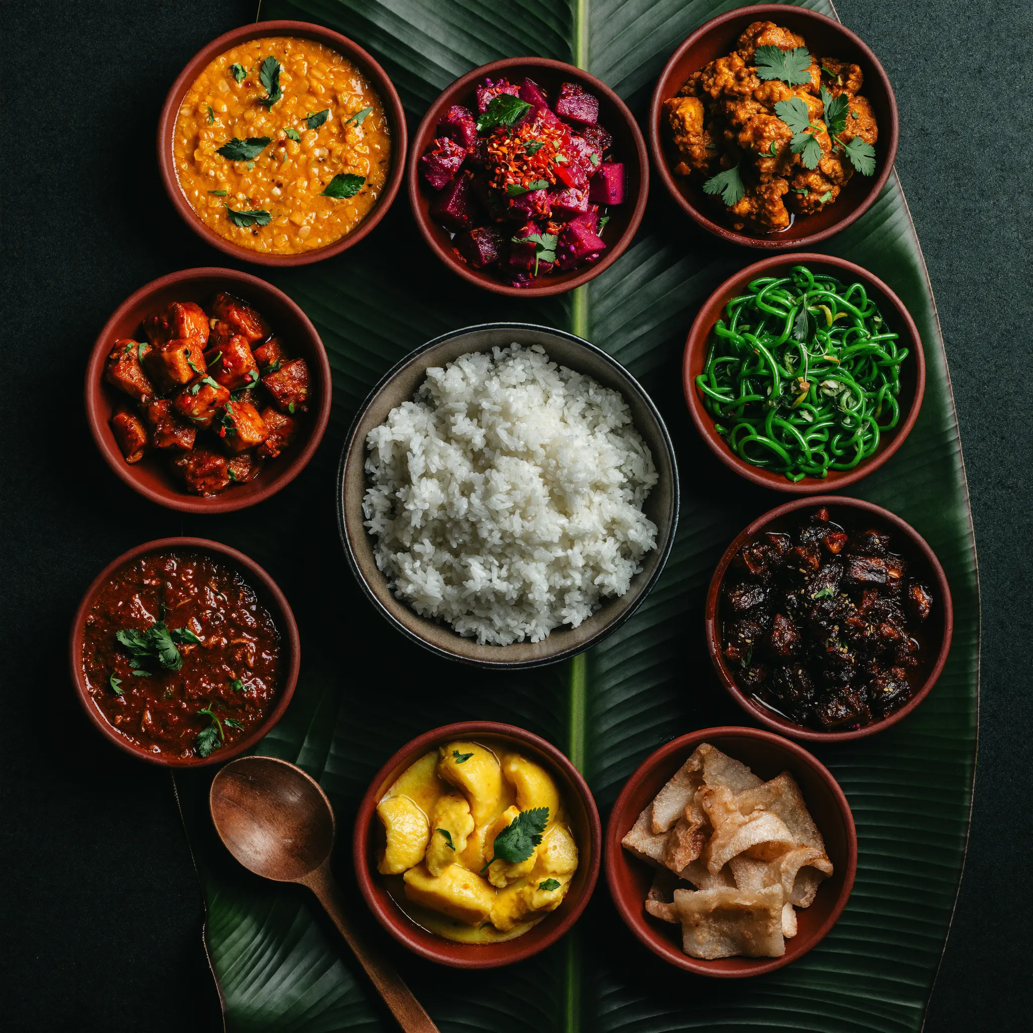 Sri Lankan vegetarian feast spread on banana leaves